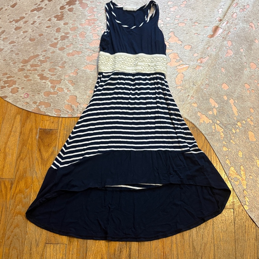 btween Navy and White Striped High-Low Summer Dress with Crochet Waist